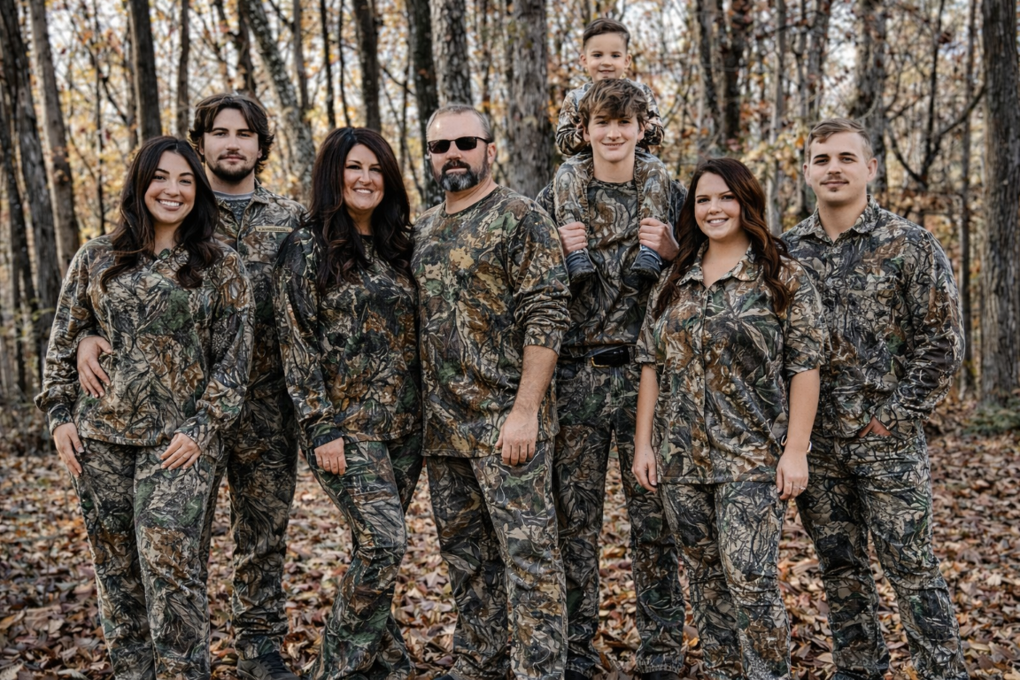 Family in camouflage clothing standing in a forest